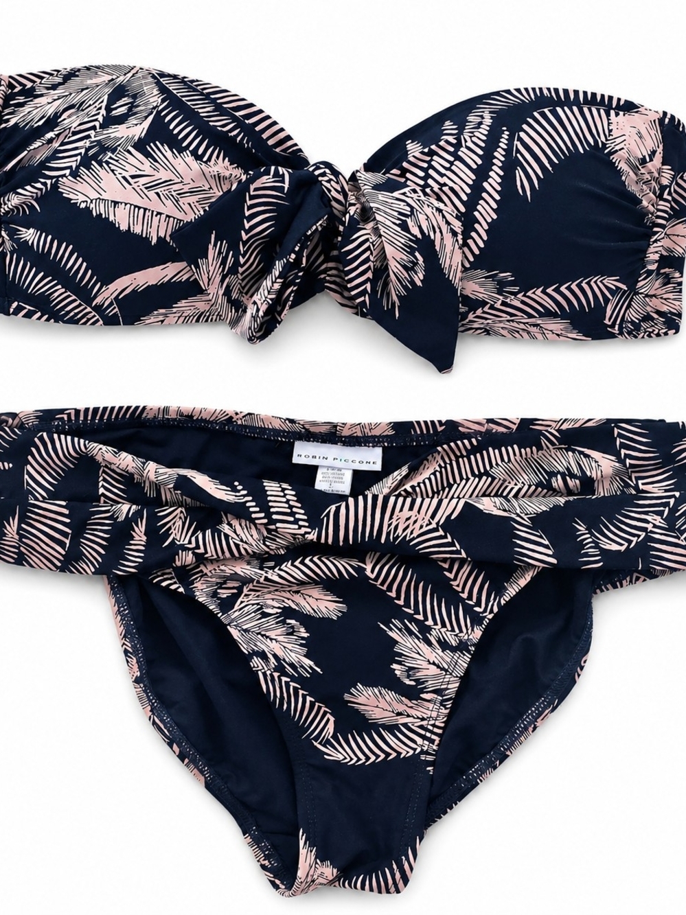 Robin Piccone Bikini Set Top S Bottom L Bandeau Palm Print Navy Pink Swimwear